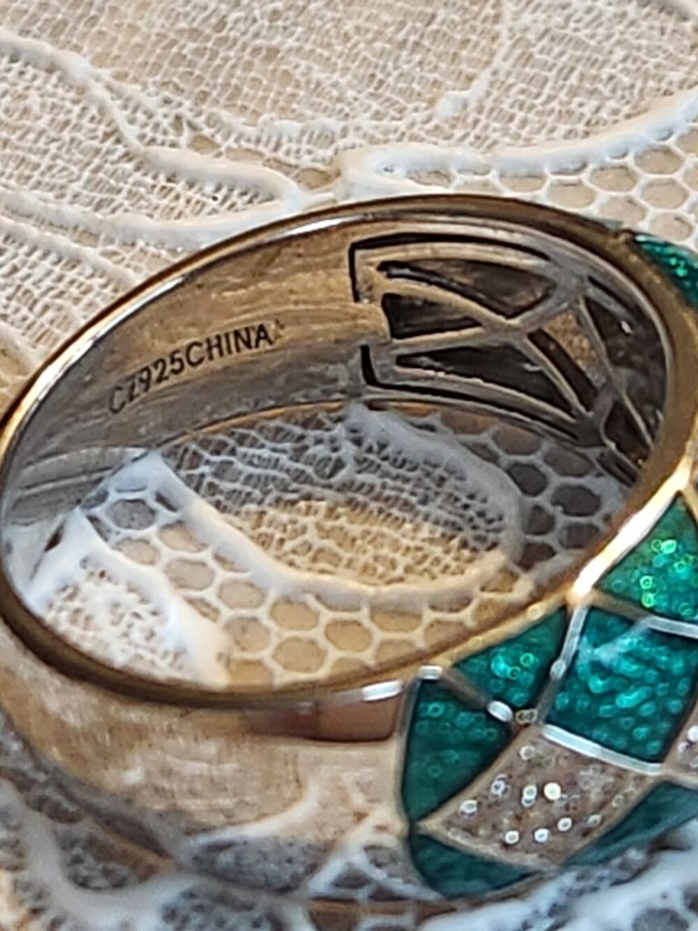 Hidalgo Diamonique Oval Cut CZ Green Enamel Ring 925 Size 9 - geometric pattern! - Picture 8 of 14